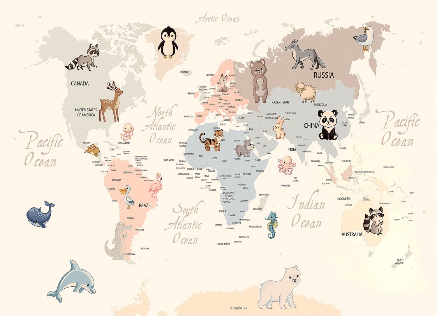 Lastenmatto - Animal Map (beige)