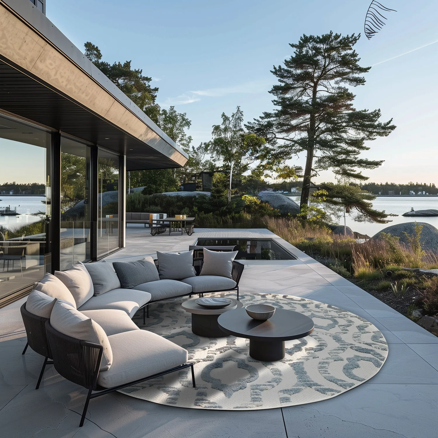 Pyöreä matot - Indoor/Outdoor Trenton (valkoinen/sininen)