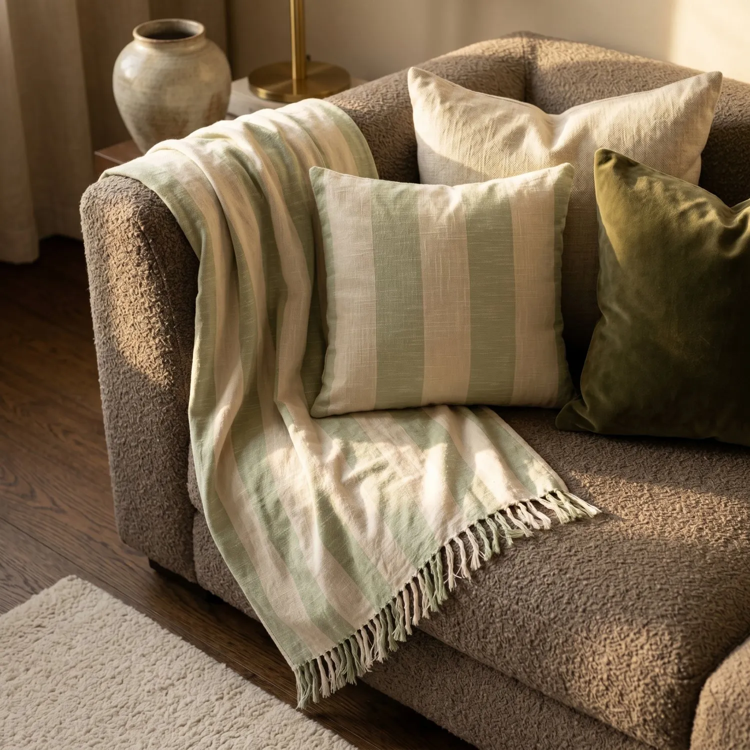 Viltit - Kora stripe cotton throw (kermanvärinen/vaaleanvihreä)