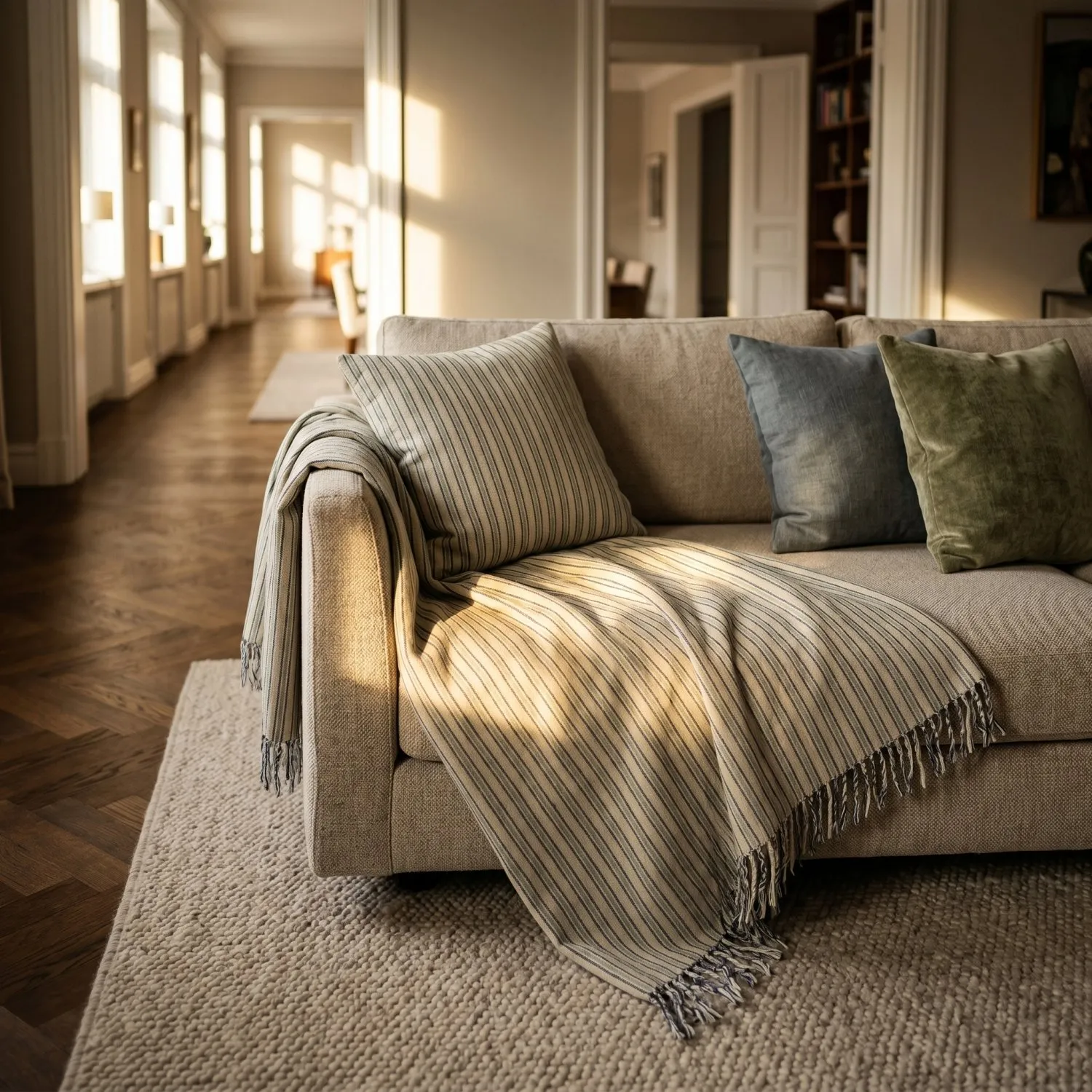 Viltit - Rumi stripe cotton throw (kermanvärinen/tummansininen/vaaleanvihreä)