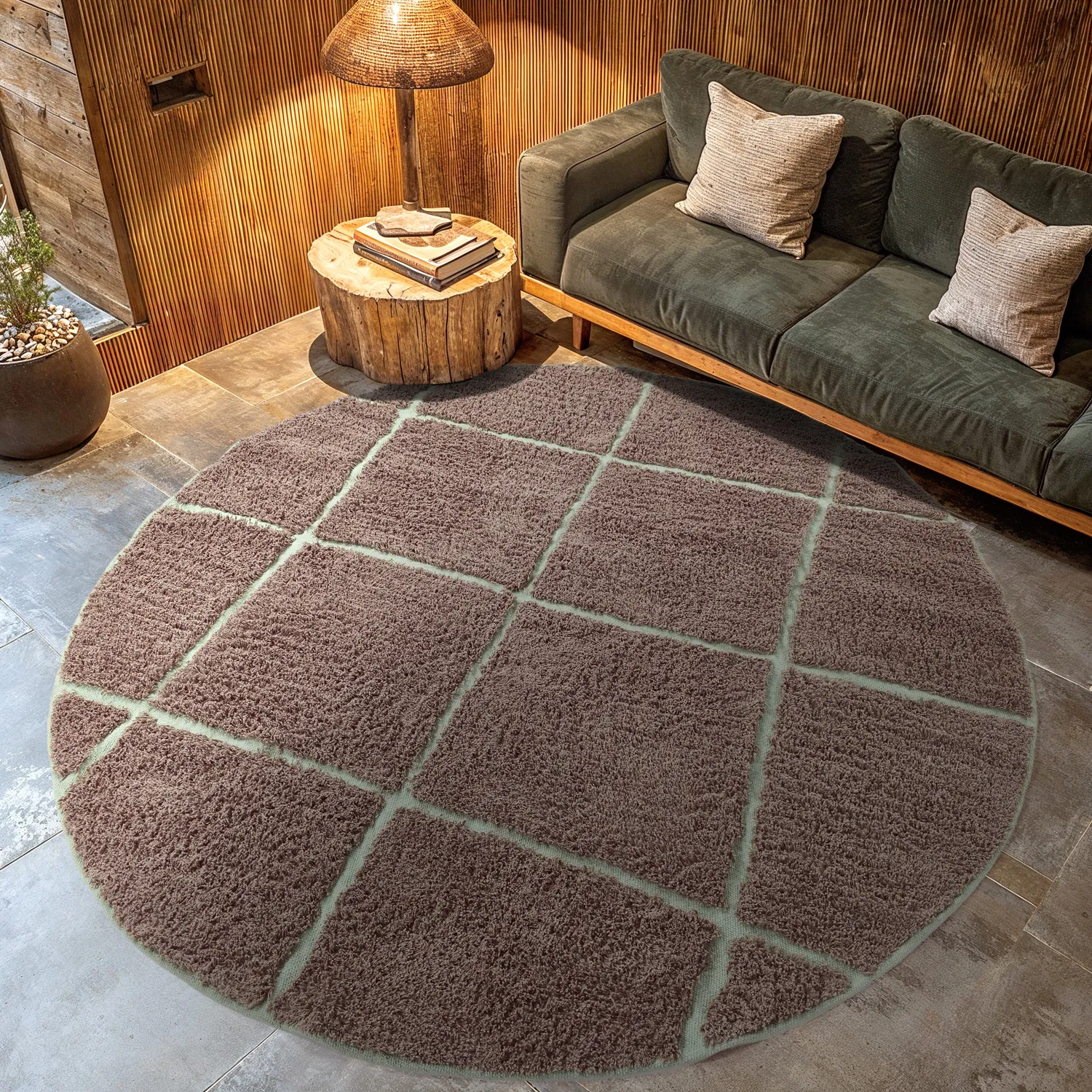 Pyöreä matot - Bellevue Natural Cotton Shaggy (taupe/vihreä)