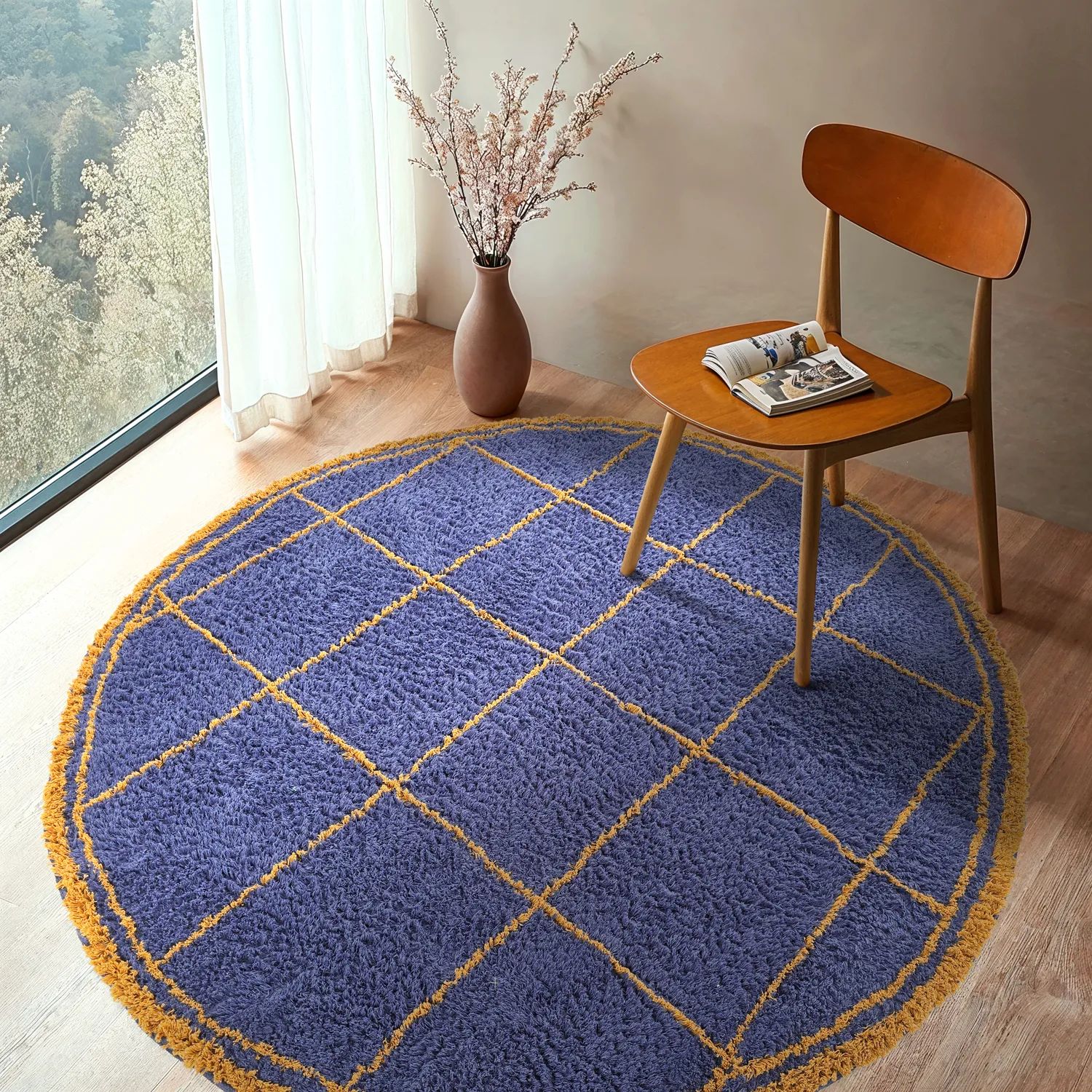 Pyöreät matot - Lana Natural Cotton Shaggy (sininen/keltainen)