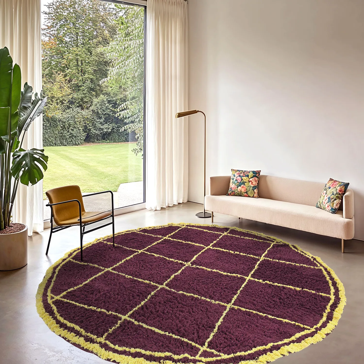 Pyöreät matot - Lana Natural Cotton Shaggy (viininpunainen/keltainen)