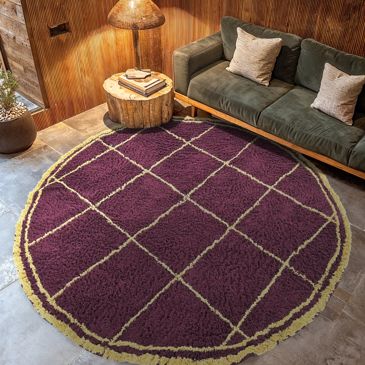 Pyöreät matot - Lana Natural Cotton Shaggy (viininpunainen/keltainen)