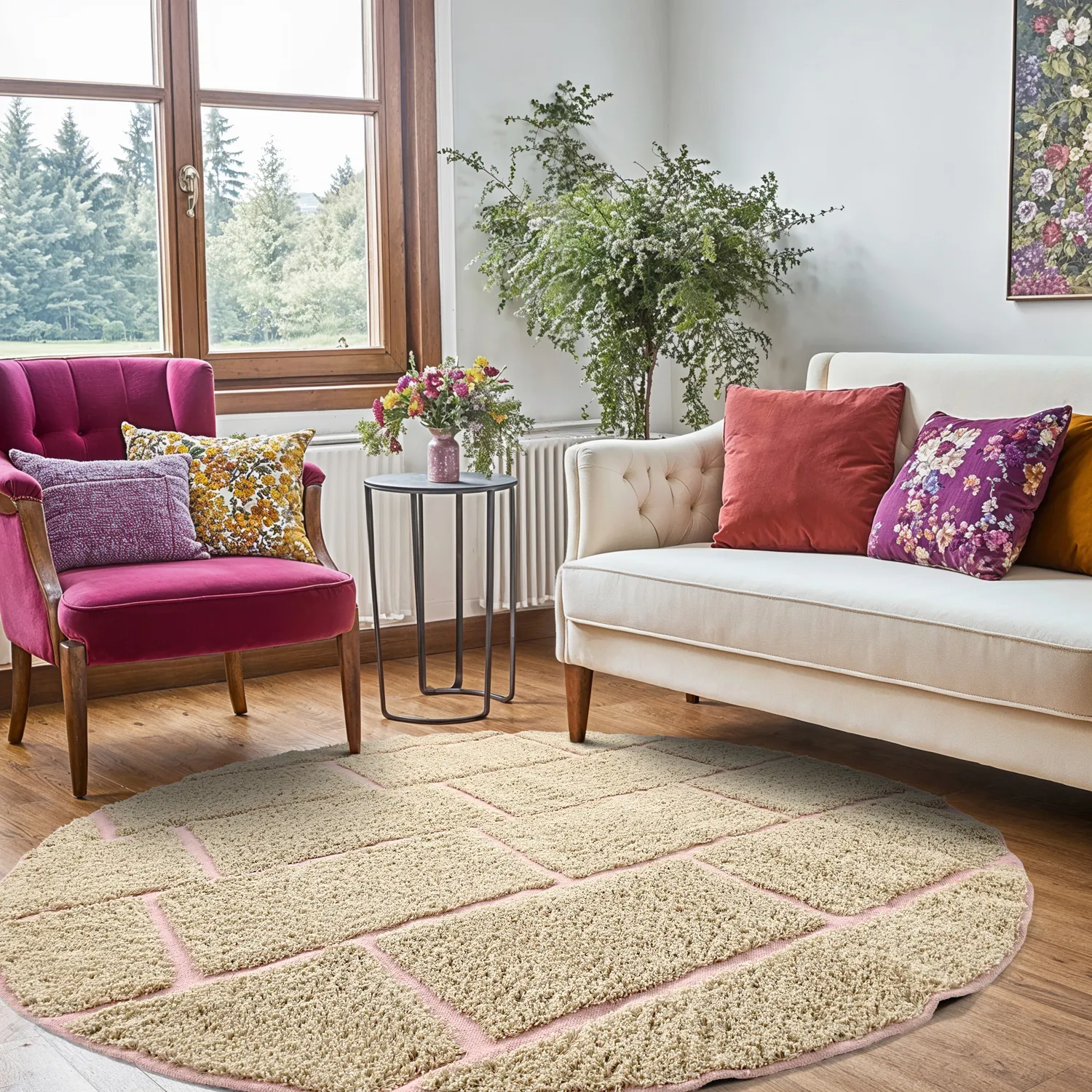 Pyöreä matot - Lindley Natural Cotton Shaggy (beige/pinkki)