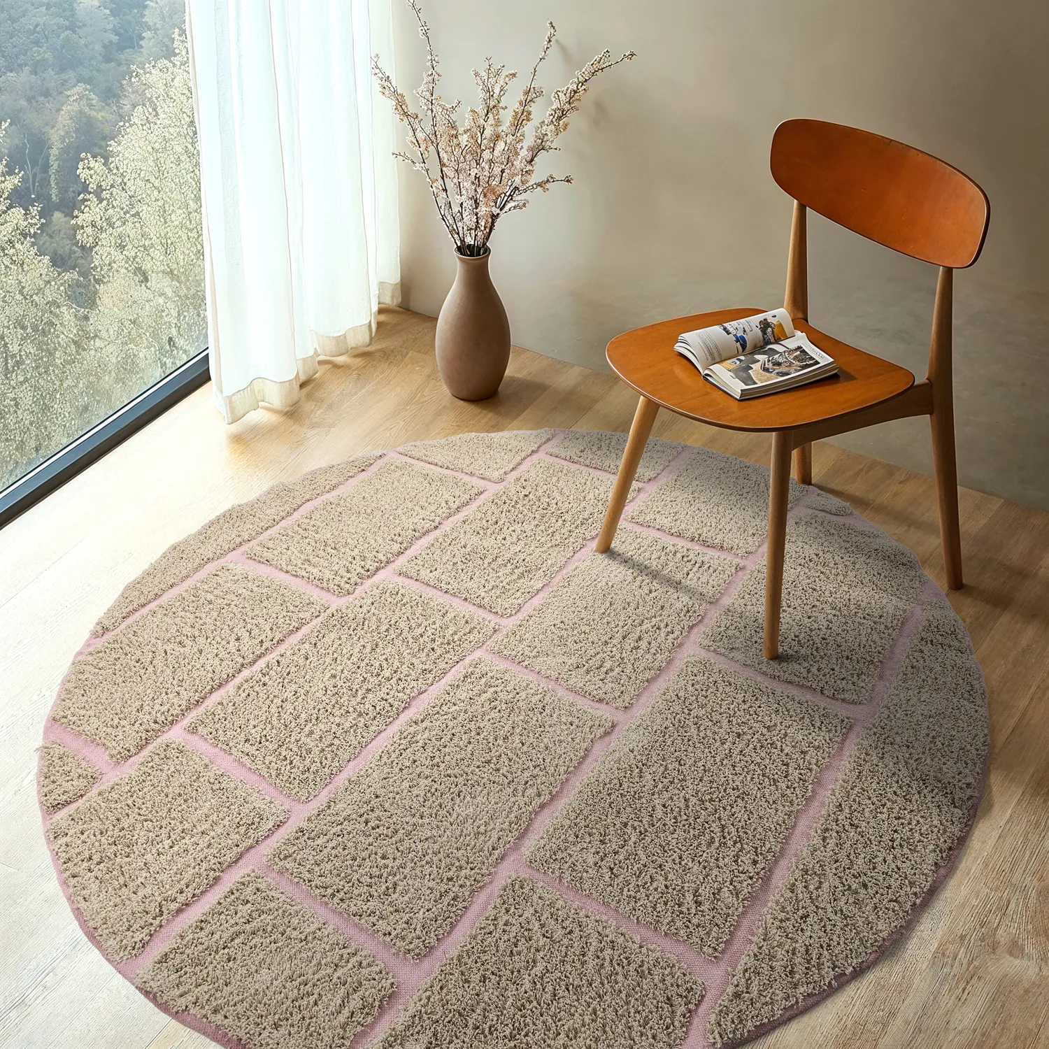 Pyöreä matot - Lindley Natural Cotton Shaggy (beige/pinkki)