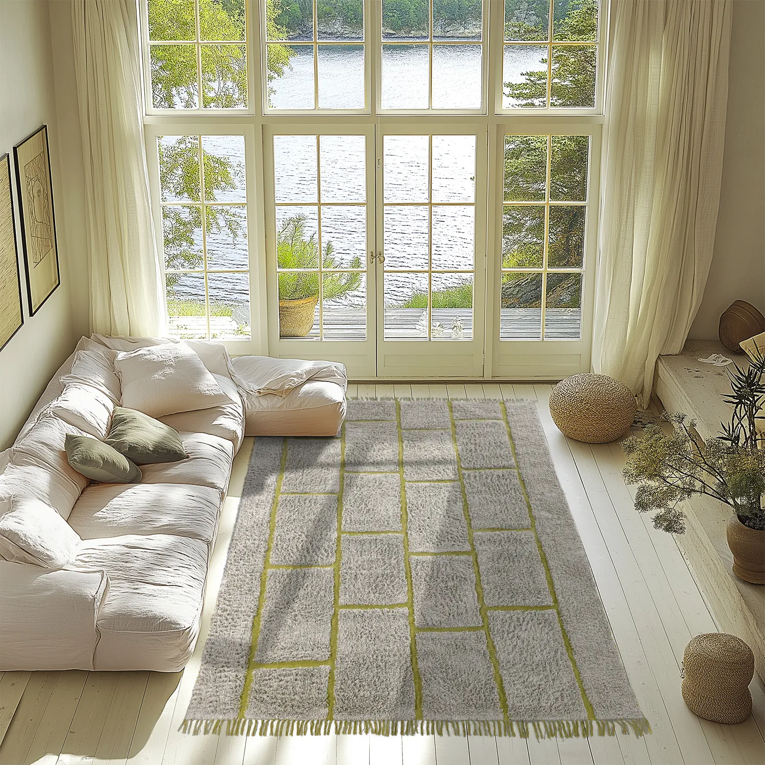 Ryijymatot - Lindley Natural Cotton Shaggy (greige/vihreä)