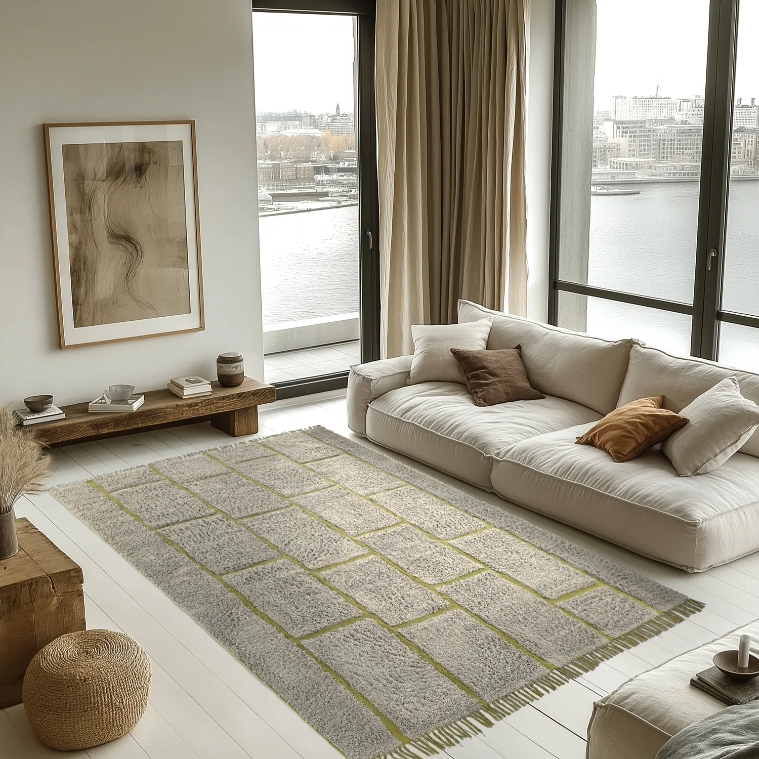 Ryijymatot - Lindley Natural Cotton Shaggy (greige/vihreä)