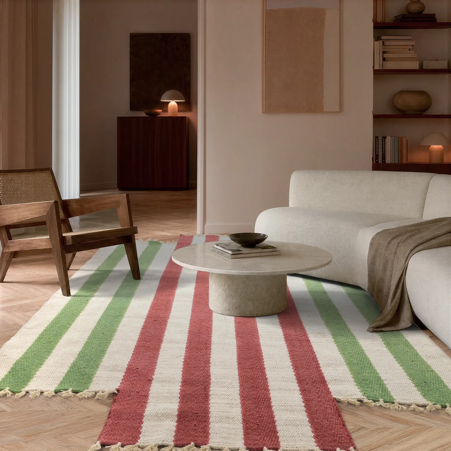 Epäsäännöllinen villamatto - Kystaro (kermanvärinen/vihreä/punainen)