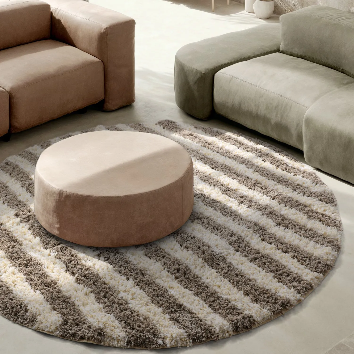Pyöreät matot - Thira Stripe Cotton Shaggy (kerma/taupe)