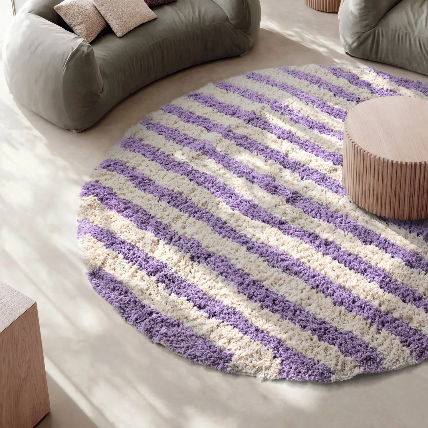 Pyöreät matot - Thira Stripe Cotton Shaggy (kerma/vaalea violetti)