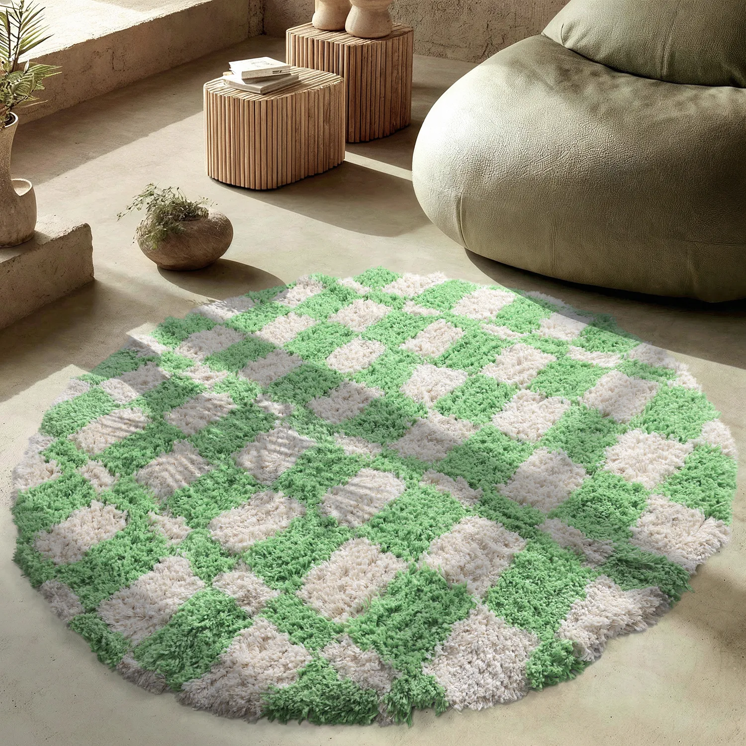 Pyöreät matot - Atrani Natural Cotton Shaggy (vihreä)