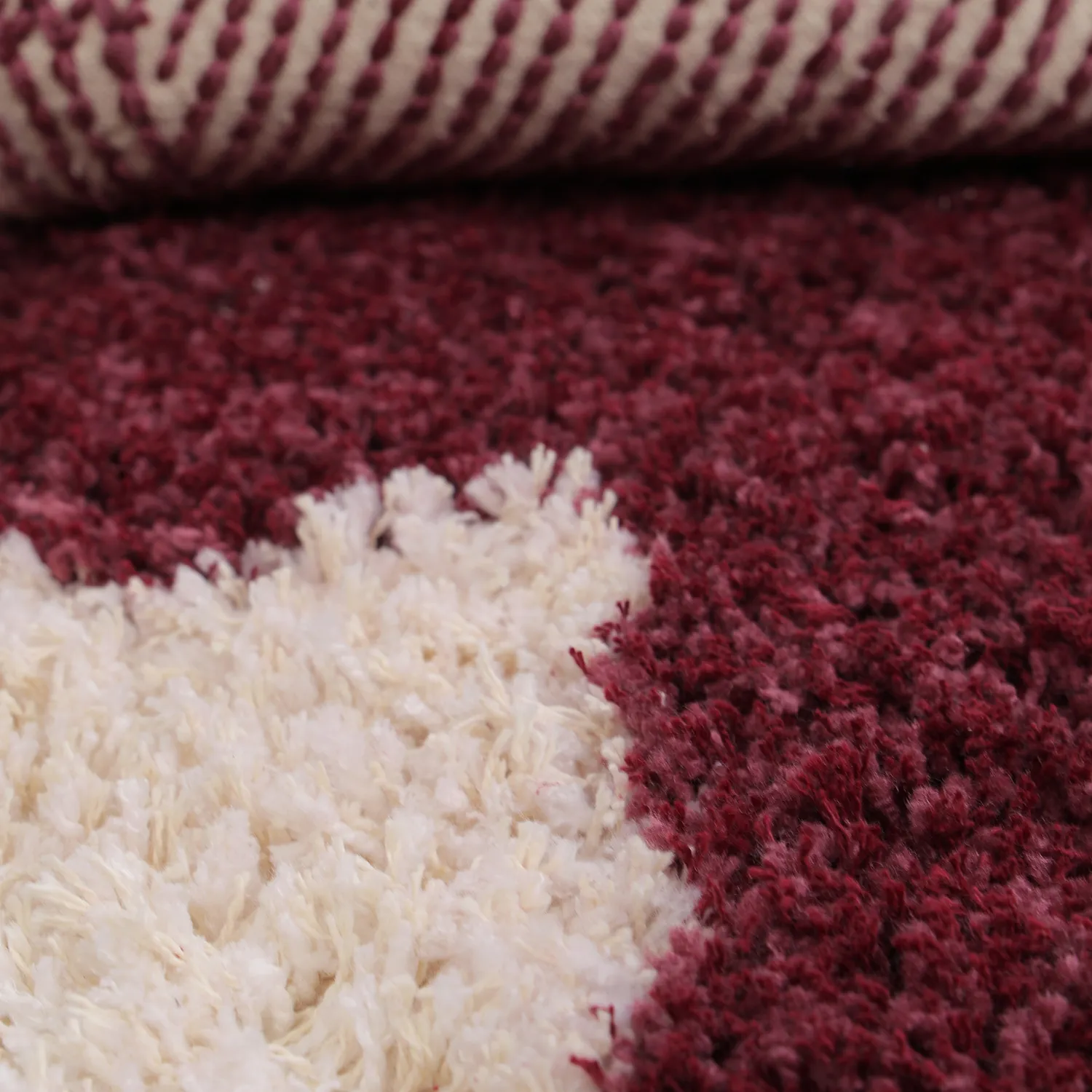 Pyöreät matot - Begur Natural Cotton Shaggy (luonnonvalkoinen/viininpunainen)