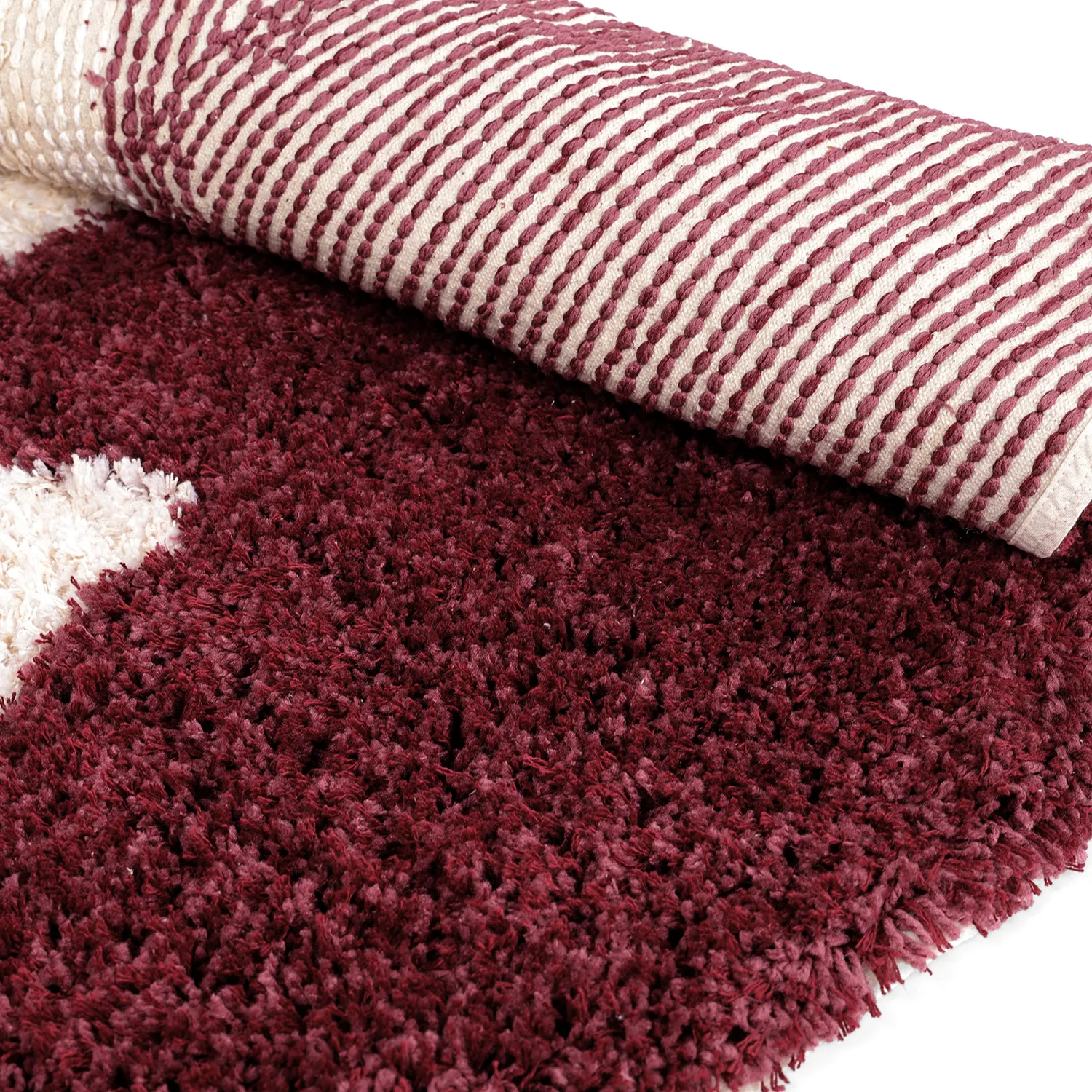 Pyöreät matot - Begur Natural Cotton Shaggy (luonnonvalkoinen/viininpunainen)