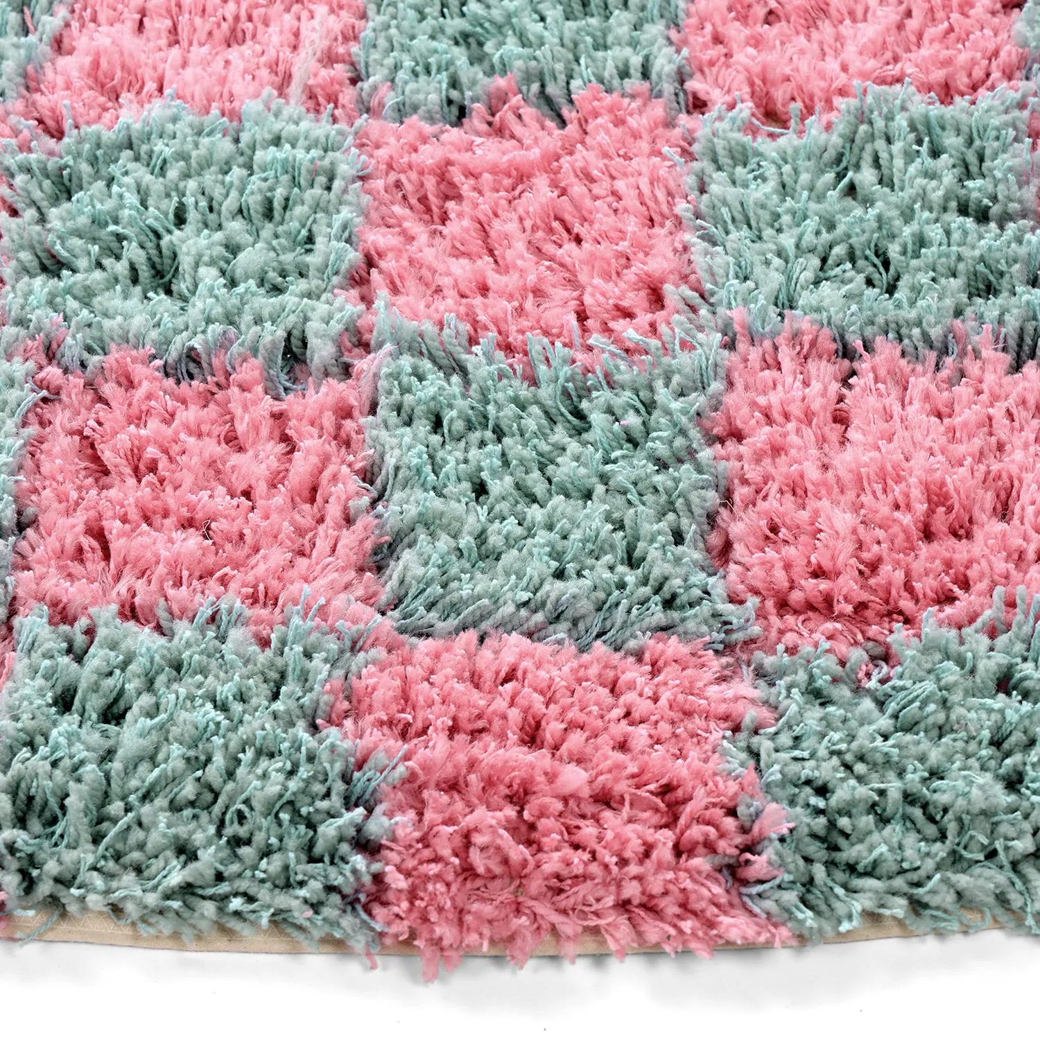 Pyöreät matot - Methoni Check Cotton Shaggy (vaaleansininen/vaaleanpunainen)
