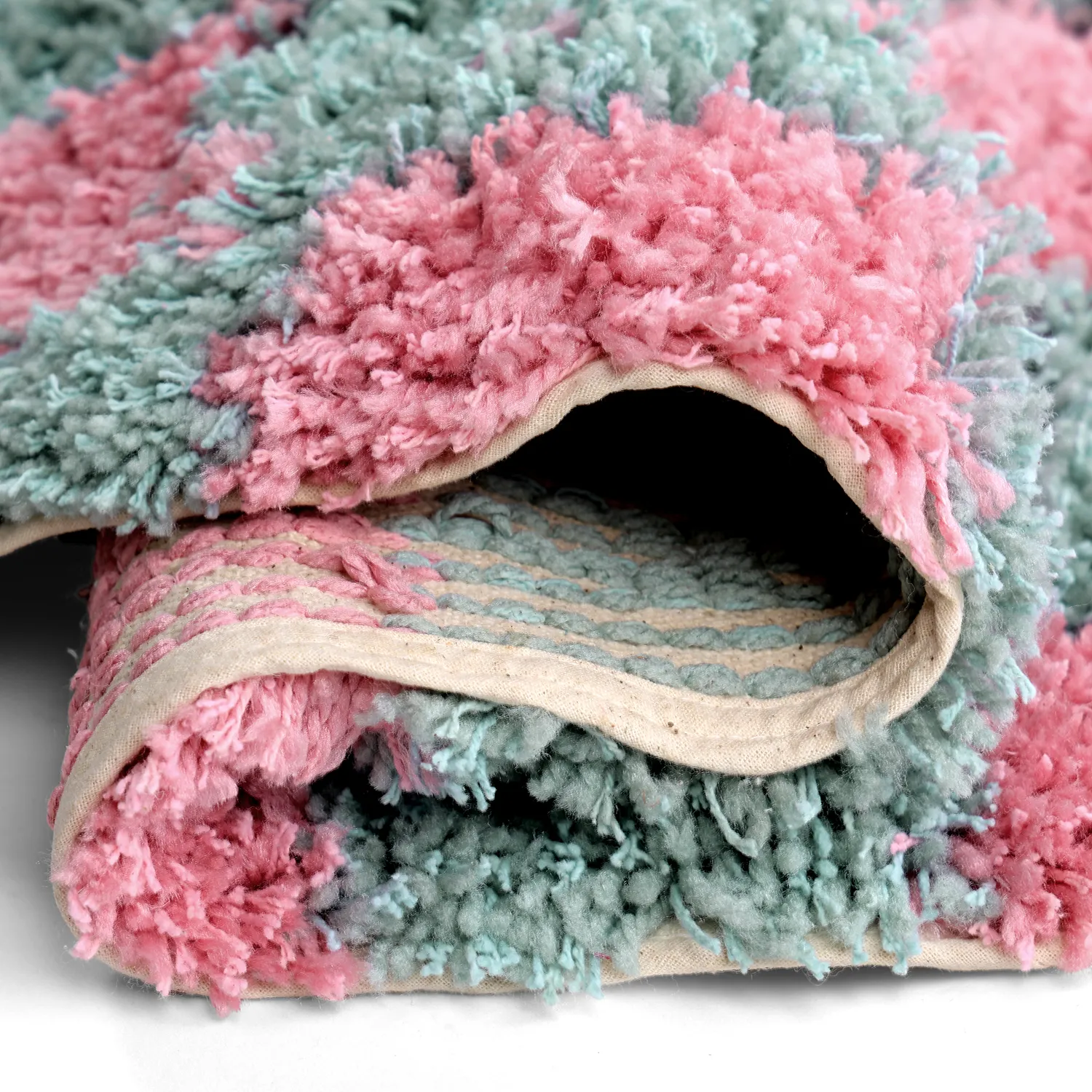 Pyöreät matot - Methoni Check Cotton Shaggy (vaaleansininen/vaaleanpunainen)