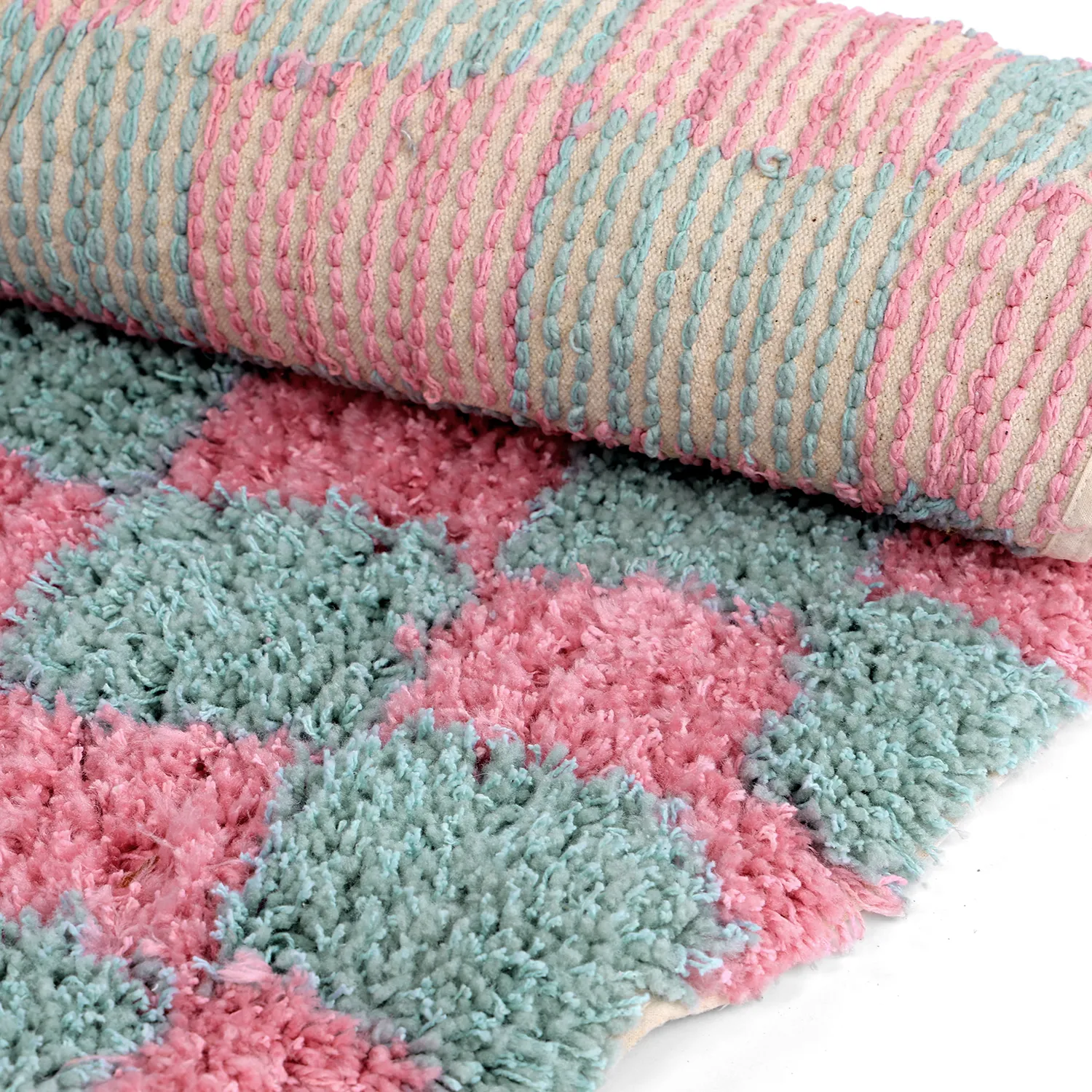 Pyöreät matot - Methoni Check Cotton Shaggy (vaaleansininen/vaaleanpunainen)