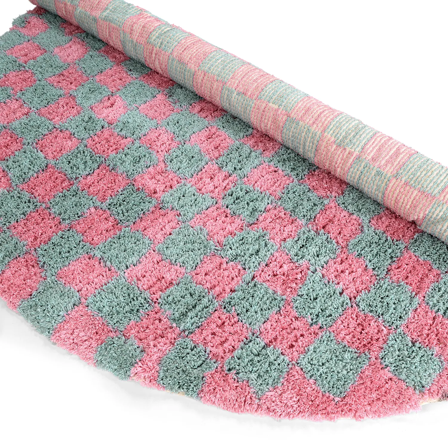 Pyöreät matot - Methoni Check Cotton Shaggy (vaaleansininen/vaaleanpunainen)
