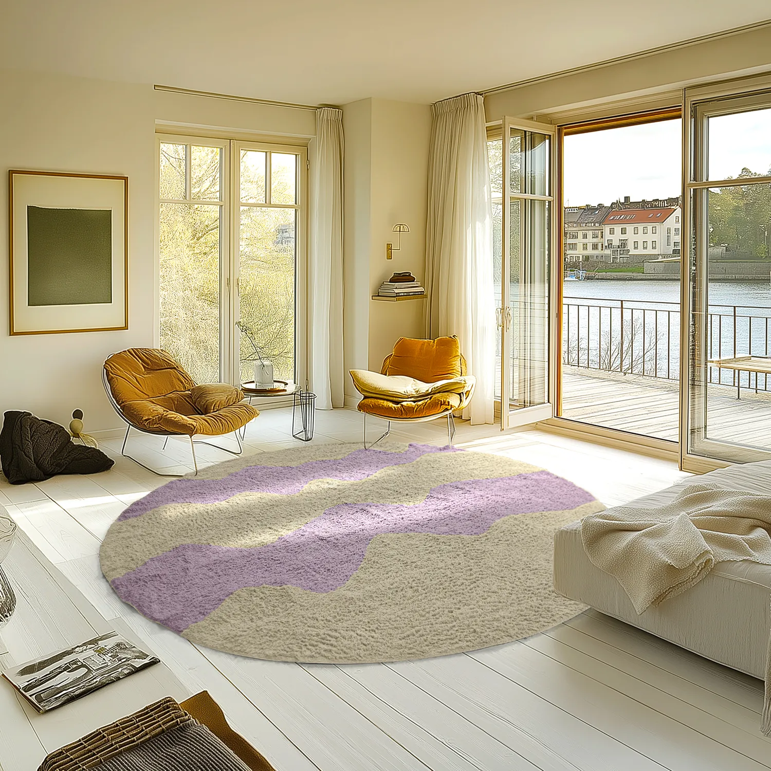 Pyöreät matot - Amira Natural Cotton Shaggy (beige/violetti)