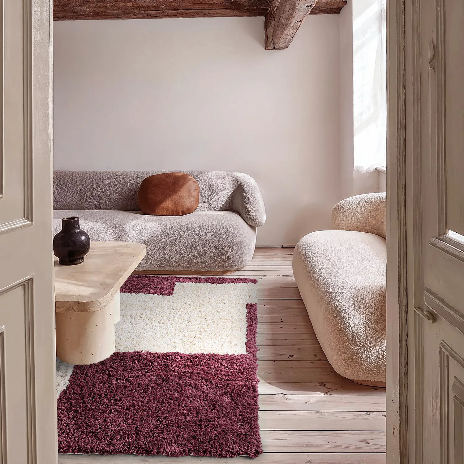 Ryijymatot - Begur Natural Cotton Shaggy (luonnonvalkoinen/viininpunainen)