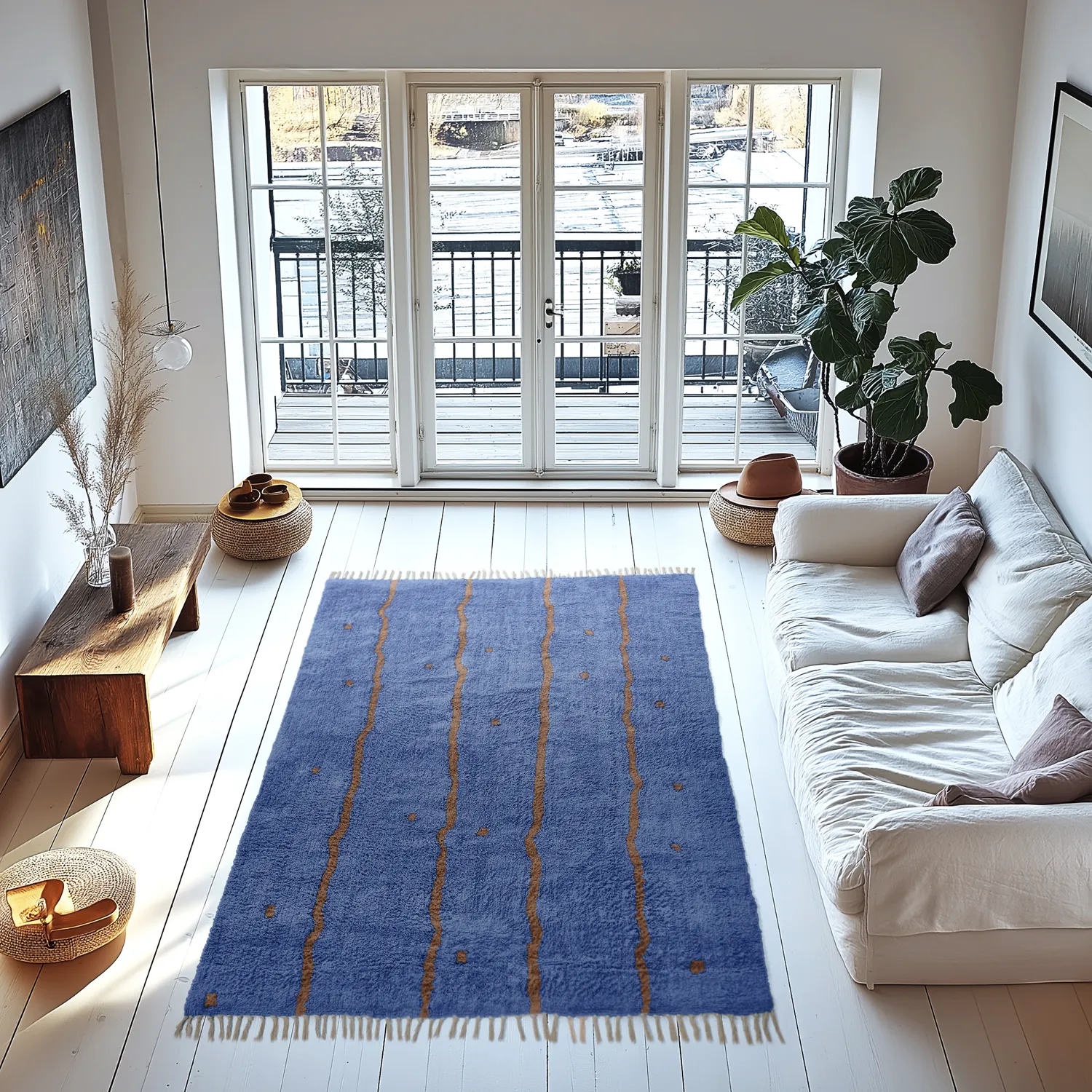 Ryijymatot - Leora Natural Cotton Shaggy (sininen/ruskea)