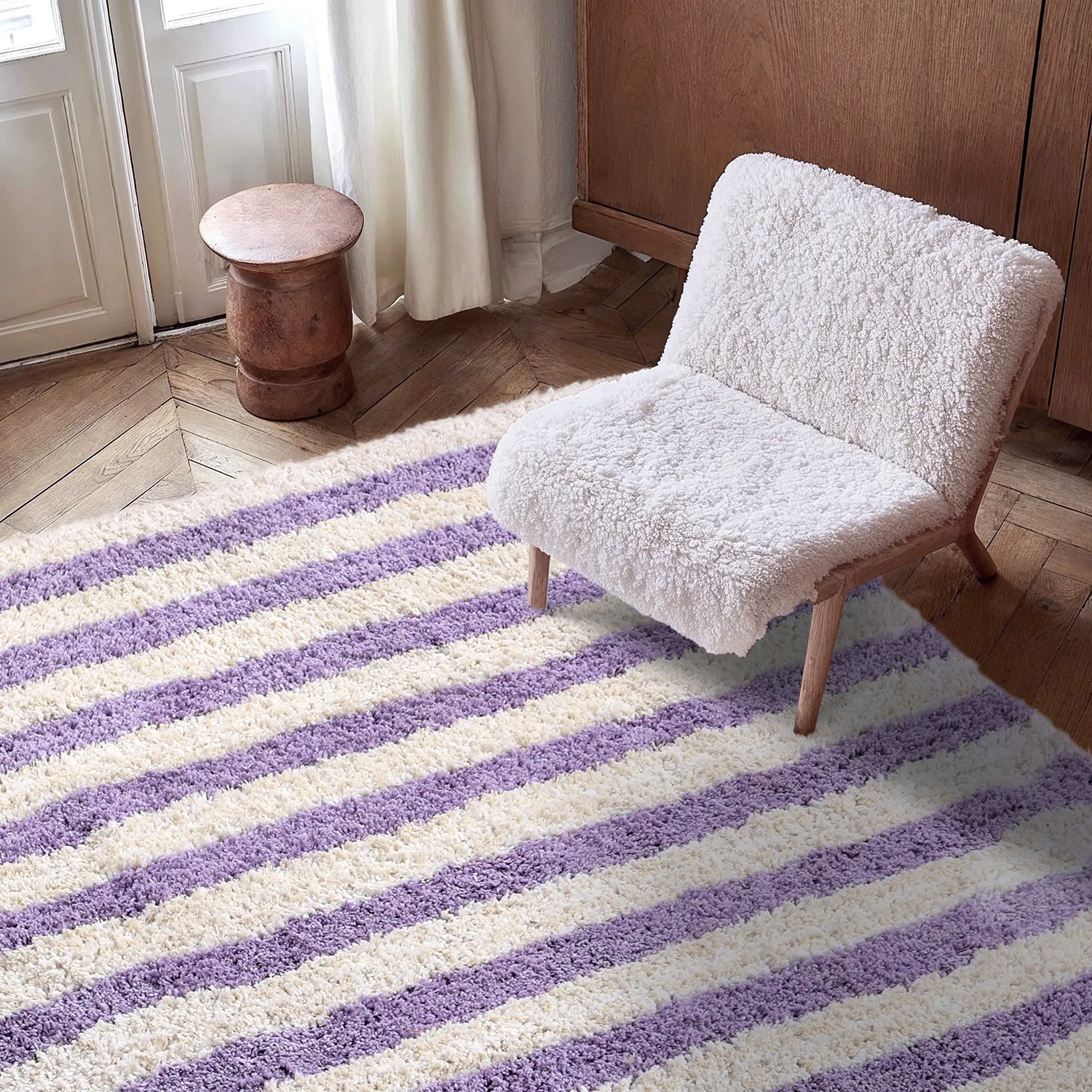 Ryijymatot - Thira Stripe Cotton Shaggy (kerma/vaalea violetti)