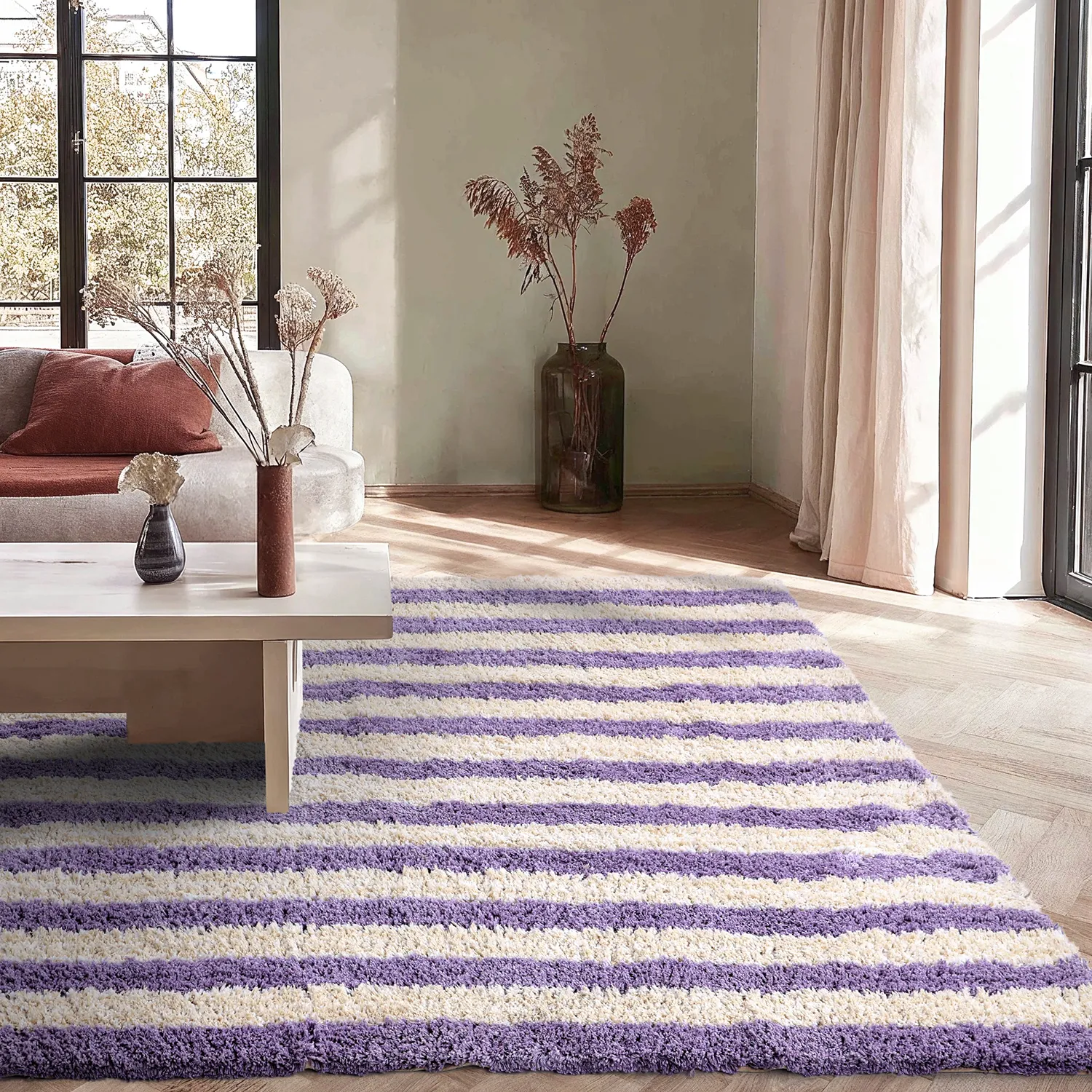 Ryijymatot - Thira Stripe Cotton Shaggy (kerma/vaalea violetti)