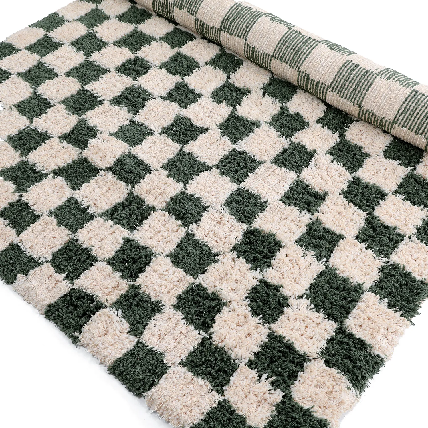 Ryijymatot - Methoni Check Cotton Shaggy (kerma/vihreä)