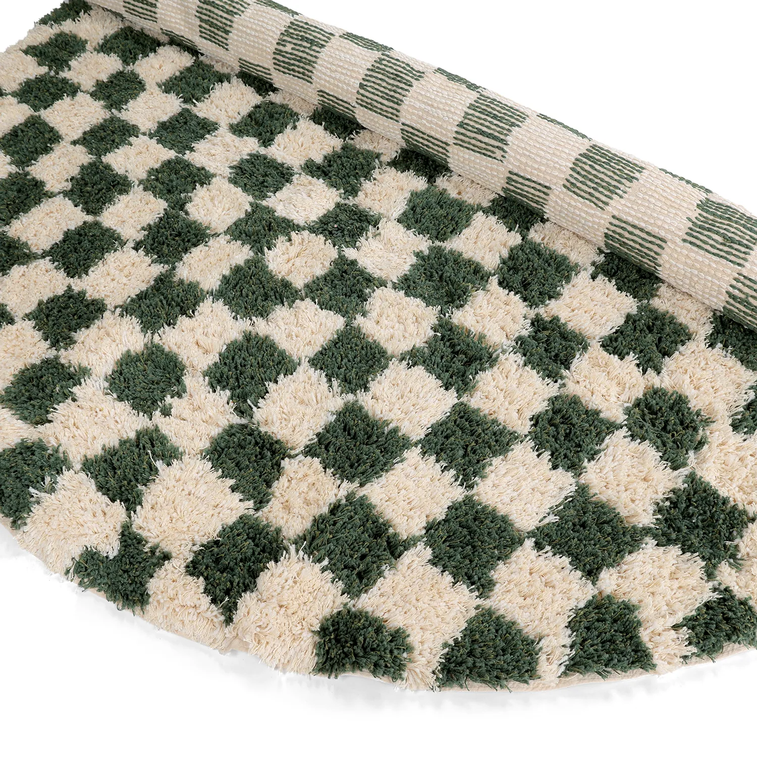 Pyöreät matot - Methoni Check Cotton Shaggy (kerma/vihreä)