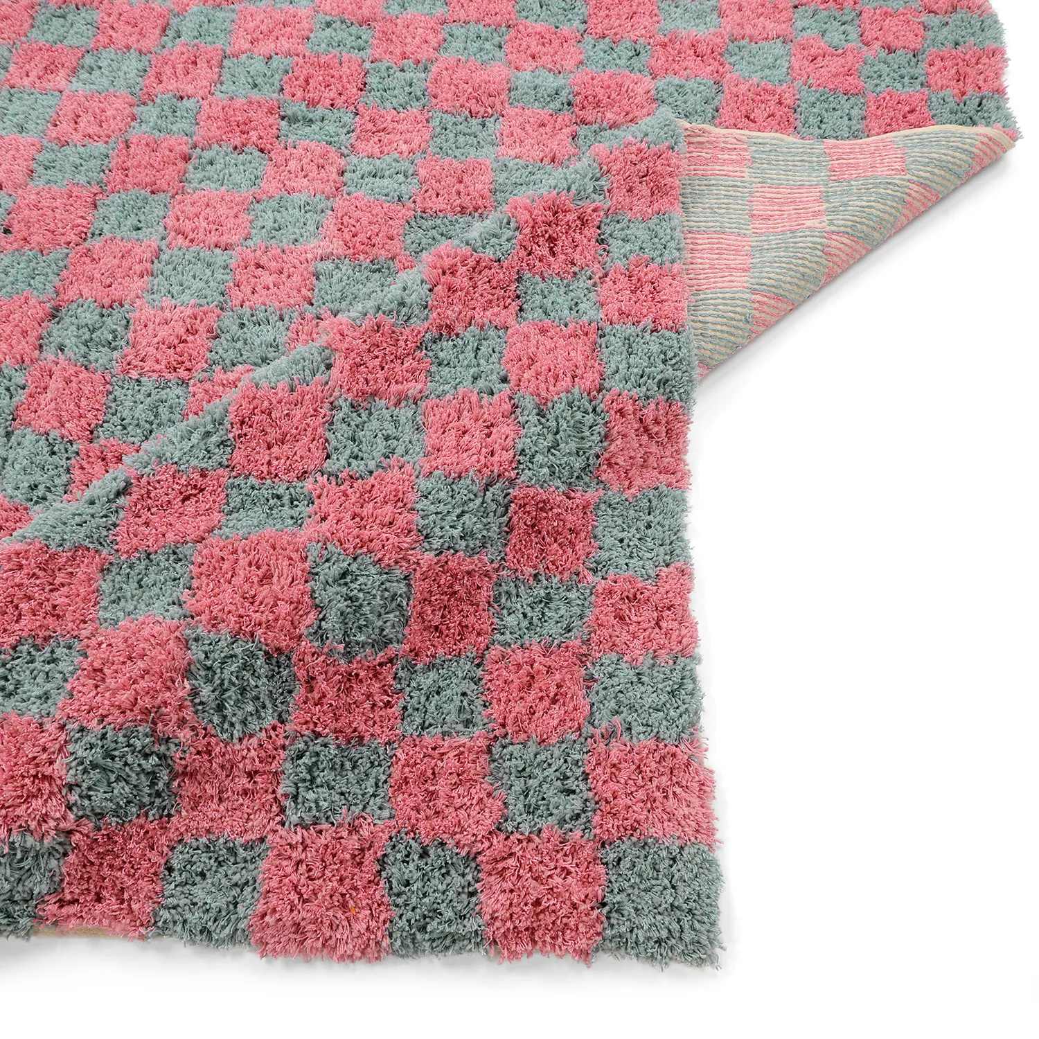 Ryijymatot - Methoni Check Cotton Shaggy (vaaleansininen/vaaleanpunainen)