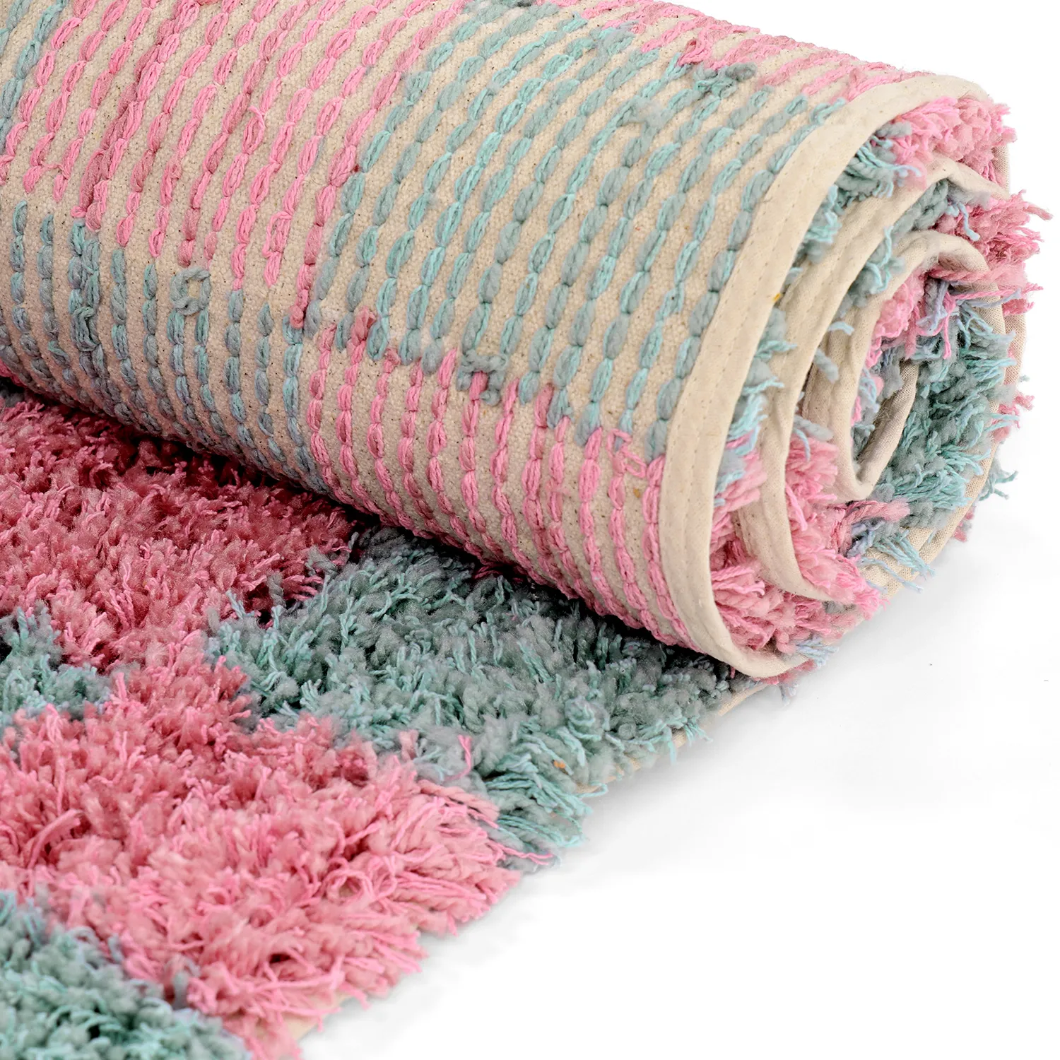 Ryijymatot - Methoni Check Cotton Shaggy (vaaleansininen/vaaleanpunainen)