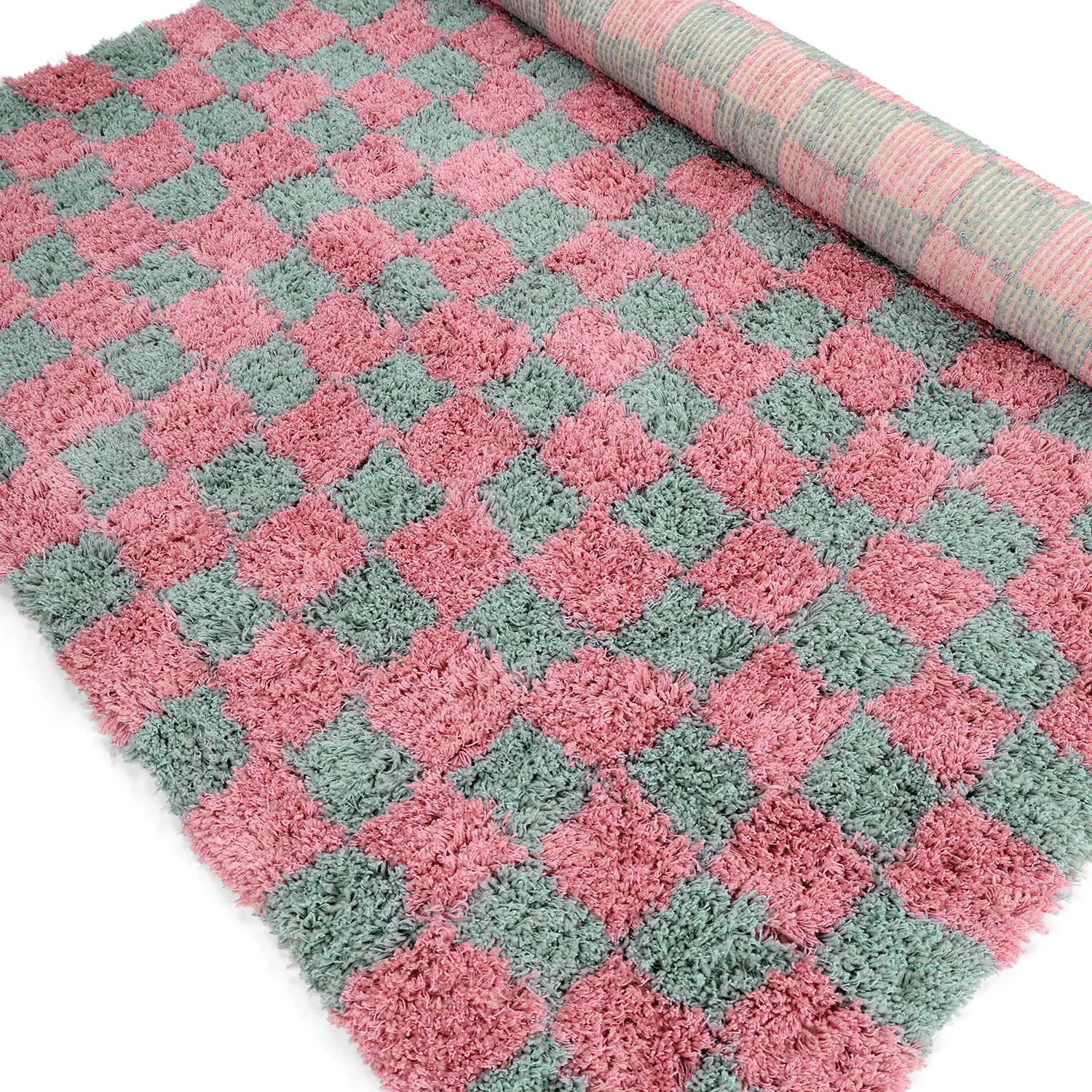 Ryijymatot - Methoni Check Cotton Shaggy (vaaleansininen/vaaleanpunainen)