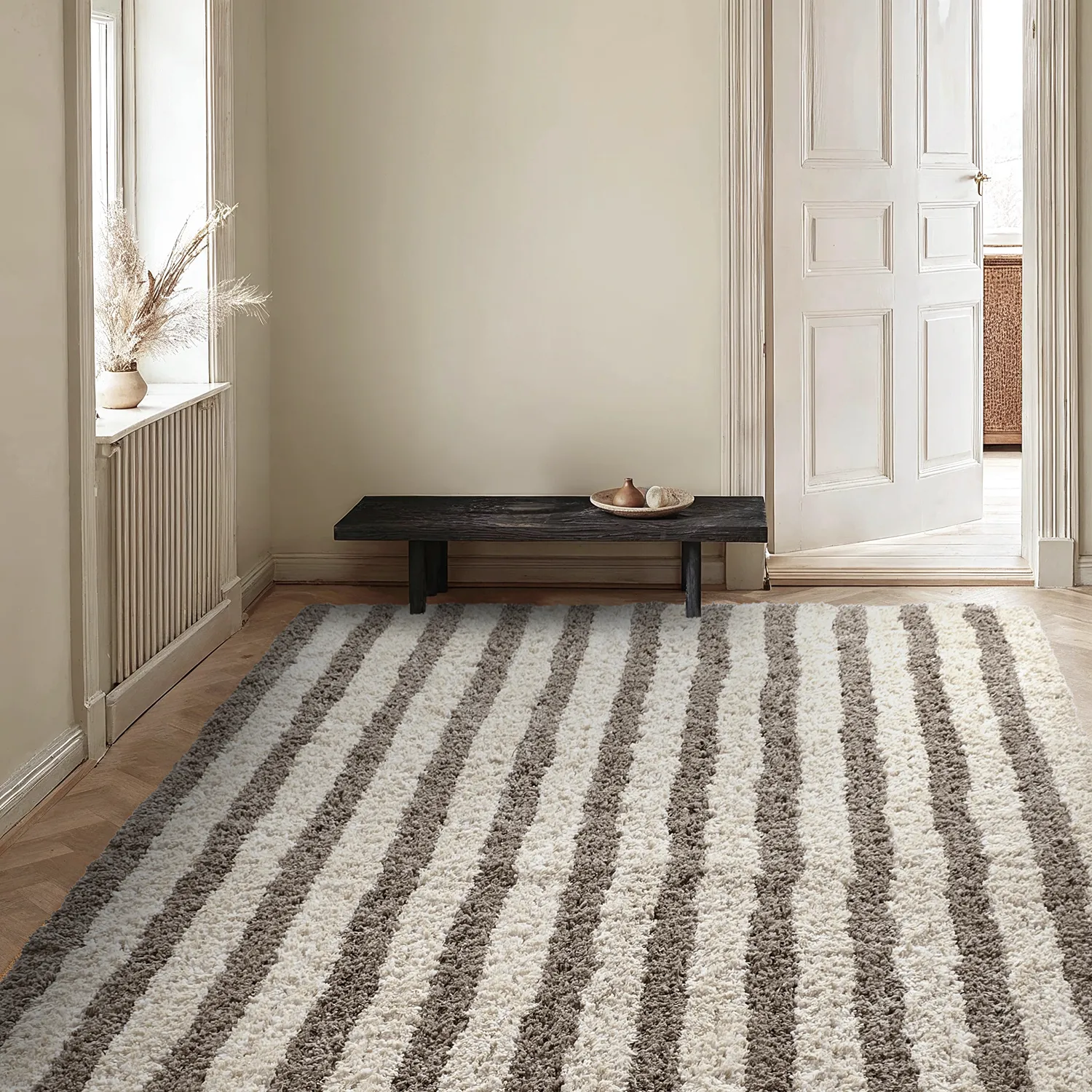 Ryijymatot - Thira Stripe Cotton Shaggy (kerma/taupe)