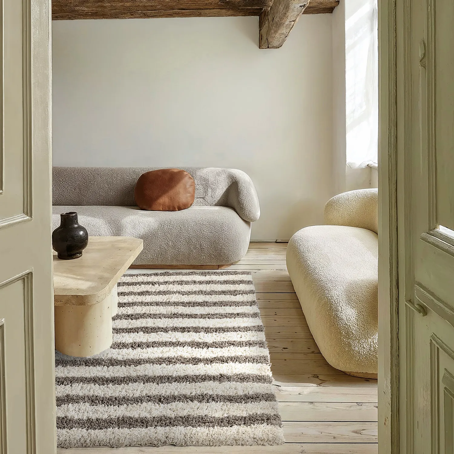 Ryijymatot - Thira Stripe Cotton Shaggy (kerma/taupe)