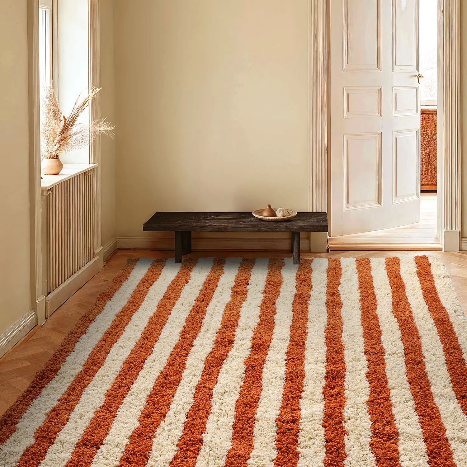 Ryijymatot - Thira Stripe Cotton Shaggy (vaaleankeltainen/vaalea oranssi)